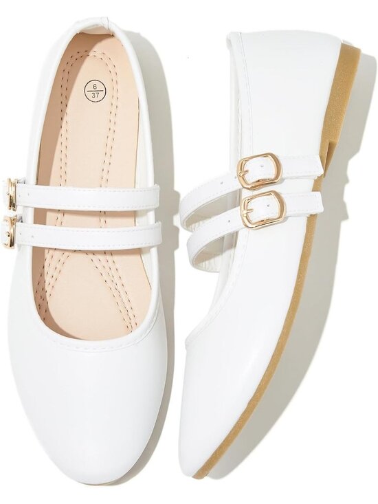 Shoes - Women's White Faux Leather Round Toe Adjustable Buckle Strap Flats Slip On Shoes